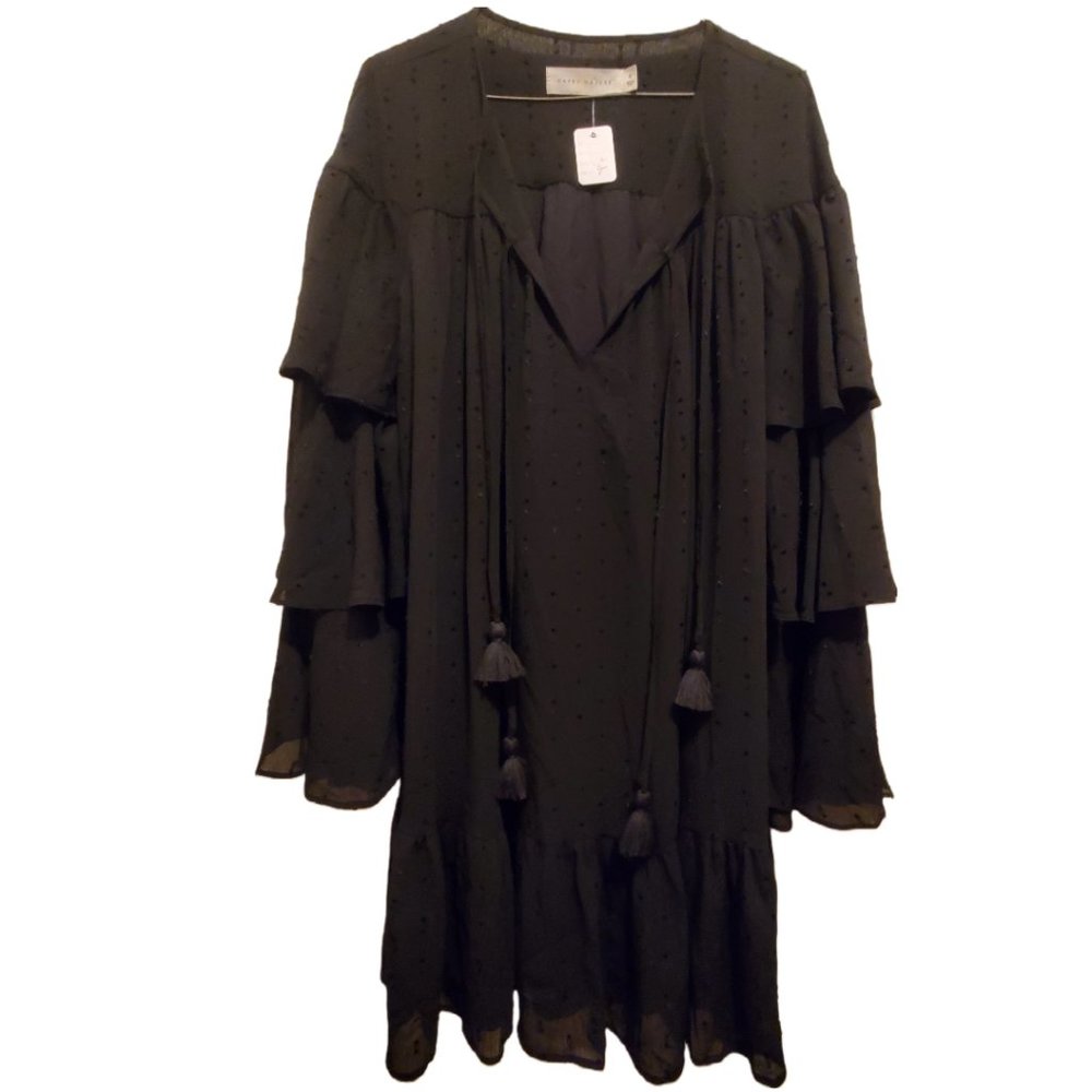 NWT Happy Nature Boho Black Swiss Dot Dress With Tiered Ruffle Sleeves Size M